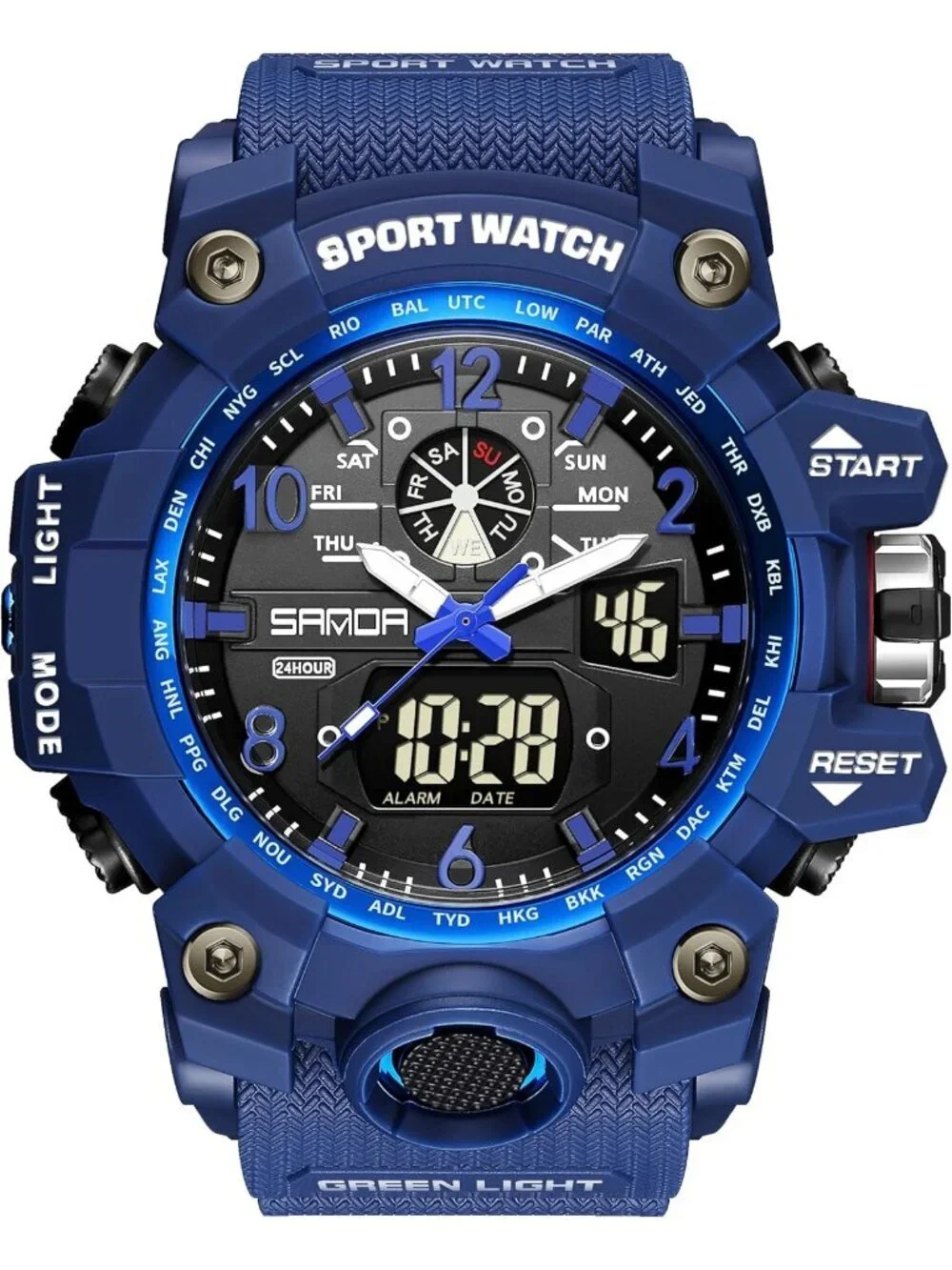 Men's All Blue Analog Quartz Sports Waterproof Military LED Digital Wrist Watch